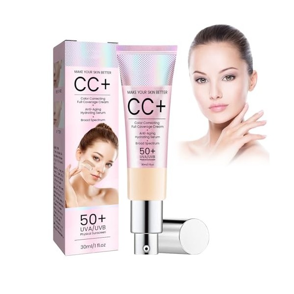 Tkekruh CC Crème 30ml, Color Correcting CC Cream, CC Liquid Foundation, Crème CC dajustement et disolement du Teint SPF50, 