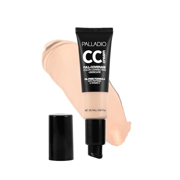 Palladio Crème CC de correction des couleurs à couverture complète, sans huile avec des peptides et de la vitamine C, idéale 