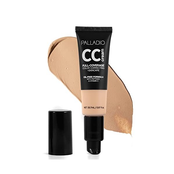 Palladio Crème CC de correction des couleurs à couverture complète, sans huile avec des peptides et de la vitamine C, idéale 