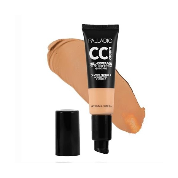 Palladio Crème CC de correction des couleurs à couverture complète, sans huile avec des peptides et de la vitamine C, idéale 