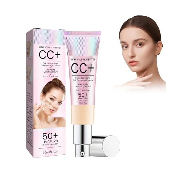 Fond de Teint Couvrant CC Crème, Crème CC ajustant Le Teint, Correcteur de Maquillage Nude Hydratant éclaircissant, Tous Type