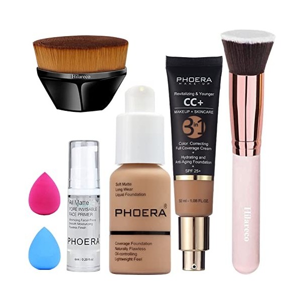 PHOERA CC Crème,PHOERA Fond de Teint Foundation,Couvrance Légère et Naturelle Matte & Poreless, Professional Makeup Couvrant 