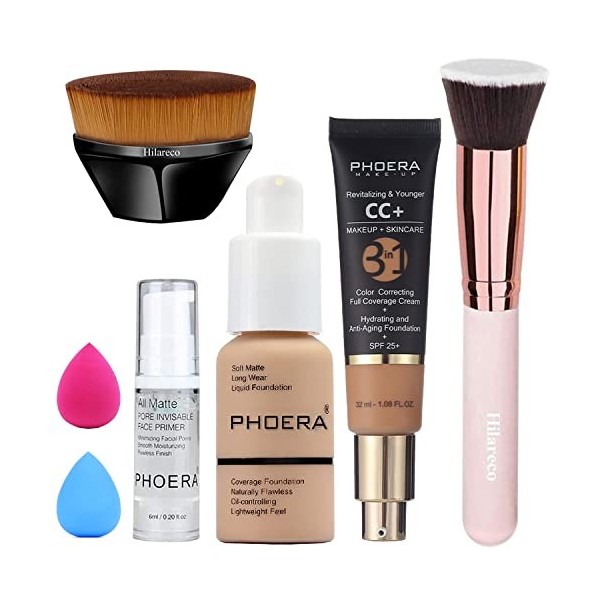 PHOERA CC Crème,PHOERA Fond de Teint Foundation,Couvrance Légère et Naturelle Matte & Poreless, Professional Makeup Couvrant 