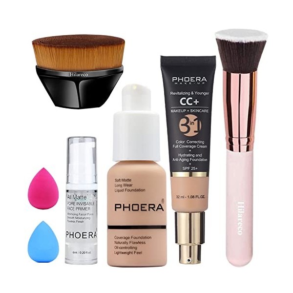 PHOERA CC Crème,PHOERA Fond de Teint Foundation,Couvrance Légère et Naturelle Matte & Poreless, Professional Makeup Couvrant 