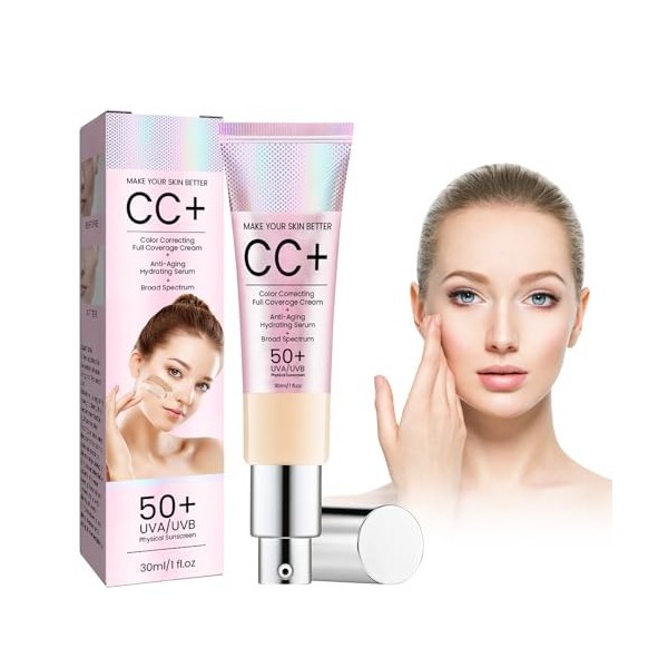 Cotensta CC Cream Foundation 30ml, Ajustement du teint du visage et isolation SPF50, Fond de teint de base avant le maquillag