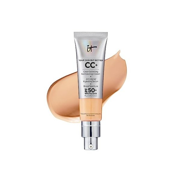 IT Cosmetics, Crème CC+ Anti-Âge Your Skin But Better, Haute Couvrance, Waterproof, Enrichi en Peptides, Collagène & Vitamine