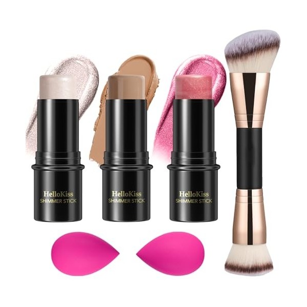 3 Pcs Kit de maquillage crème contour stick,nuances avec Highlighter & Bronzer & Blush,pour sculpter les joues, finition impe