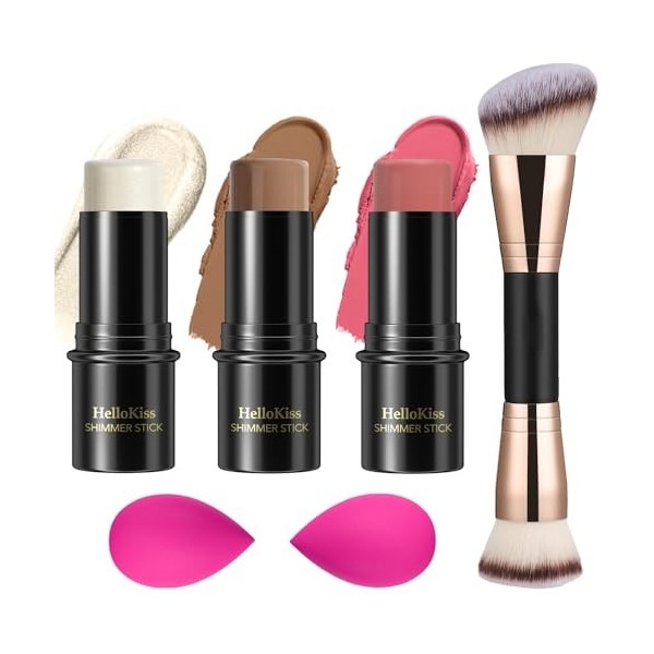 3 Pcs Kit de maquillage crème contour stick,nuances avec Highlighter & Bronzer & Blush,pour sculpter les joues, finition impe