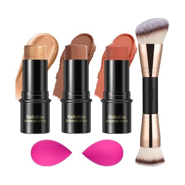 3 Pcs Kit de maquillage crème contour stick,nuances avec Highlighter & Bronzer & Blush,pour sculpter les joues, finition impe