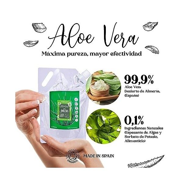 Gel dAloe Vera pour les soins de la peau visage et corps et des cheveux. Extra Hydratant 100% naturel. Nourrissant et adou