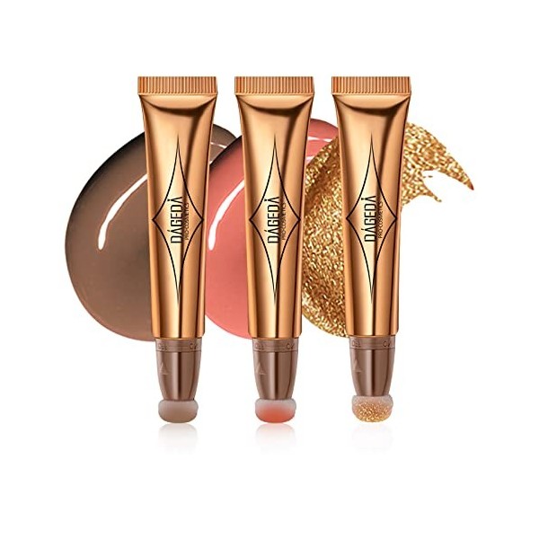 Prreal Lot de 3 surligneurs Contour Blush Beauty Wand avec applicateur à coussin doux, crème lisse, mat, anti-cernes liquide,