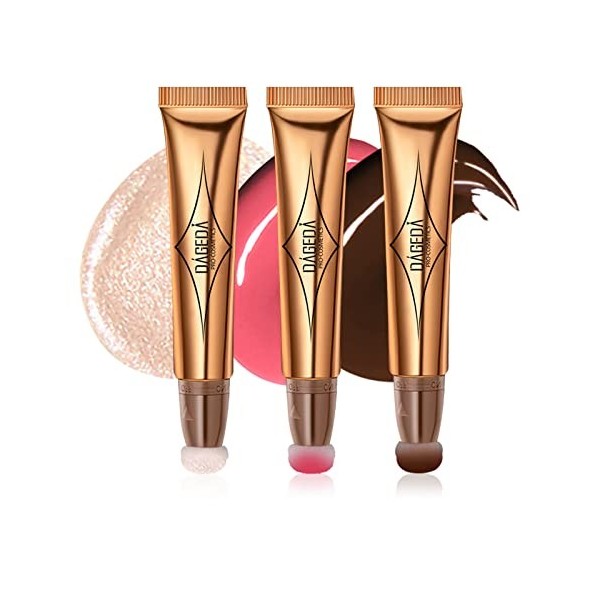 Prreal Lot de 3 surligneurs Contour Blush Beauty Wand avec applicateur à coussin doux, crème lisse, mat, anti-cernes liquide,