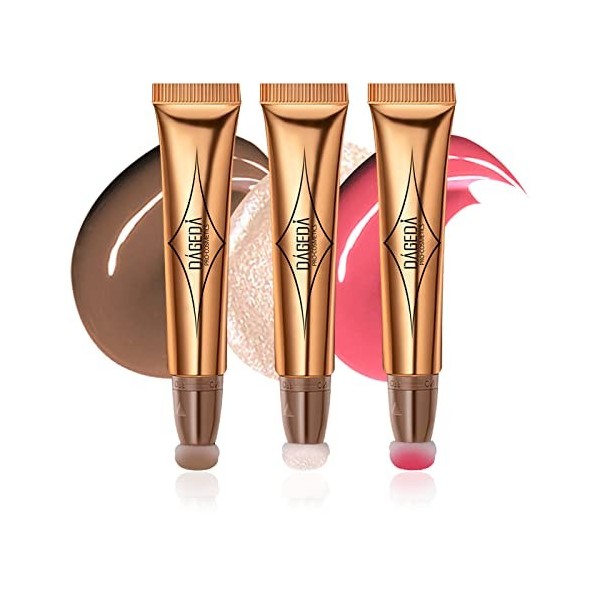 Prreal Lot de 3 surligneurs Contour Blush Beauty Wand avec applicateur à coussin doux, crème lisse, mat, anti-cernes liquide,