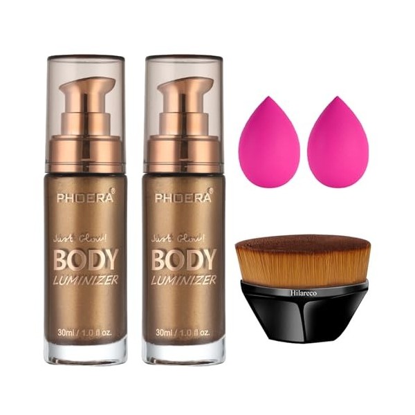 PHOERA Surligneur Body Luminizer, pinceau Kabuki à dessus plat, hydratant imperméable et éclat pour le visage et le corps 2P