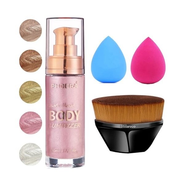 PHOERA Surligneur Body Luminizer, pinceau Kabuki à dessus plat, hydratant imperméable et éclat pour le visage et le corps 2P