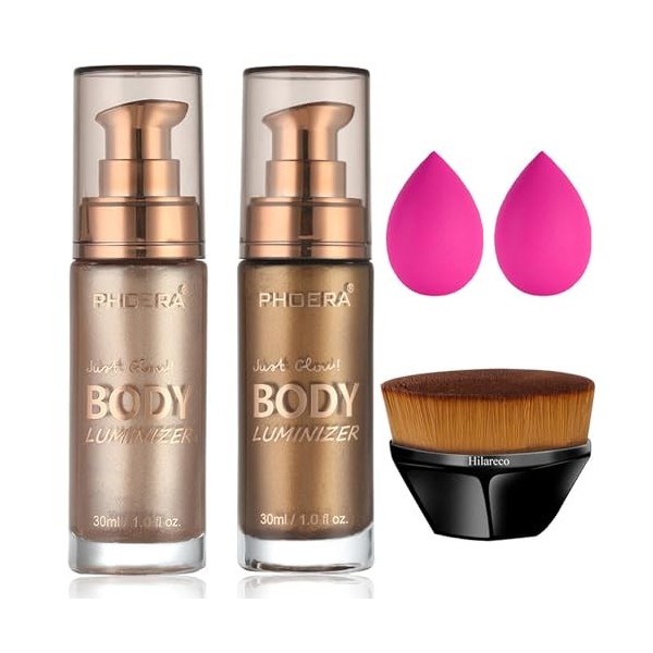 PHOERA Surligneur Body Luminizer, pinceau Kabuki à dessus plat, hydratant imperméable et éclat pour le visage et le corps 2P