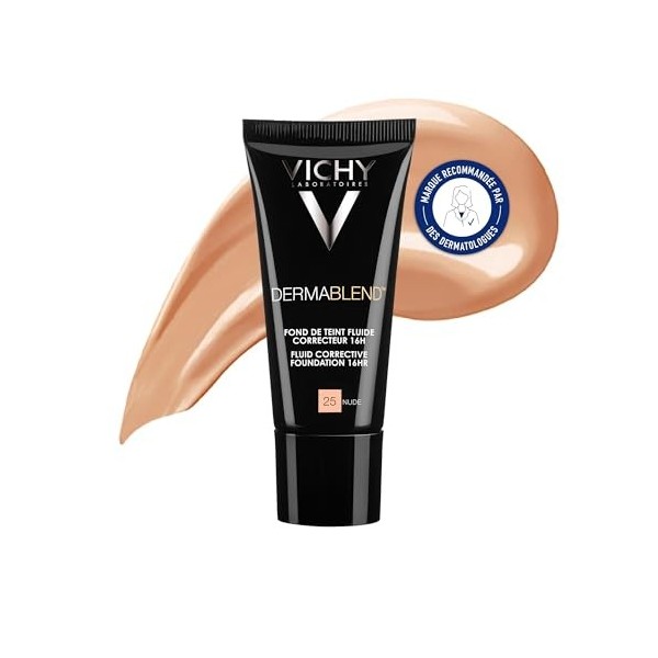 Vichy, Dermablend, Fond de Teint Fluide Correcteur Haute Couvrance, Pour Tous Types de Peau, Teinte : 25 Nude, 30 ml