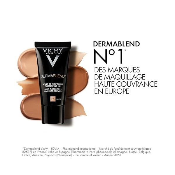 Vichy, Dermablend, Fond de Teint Fluide Correcteur Haute Couvrance, Pour Tous Types de Peau, Teinte : 25 Nude, 30 ml