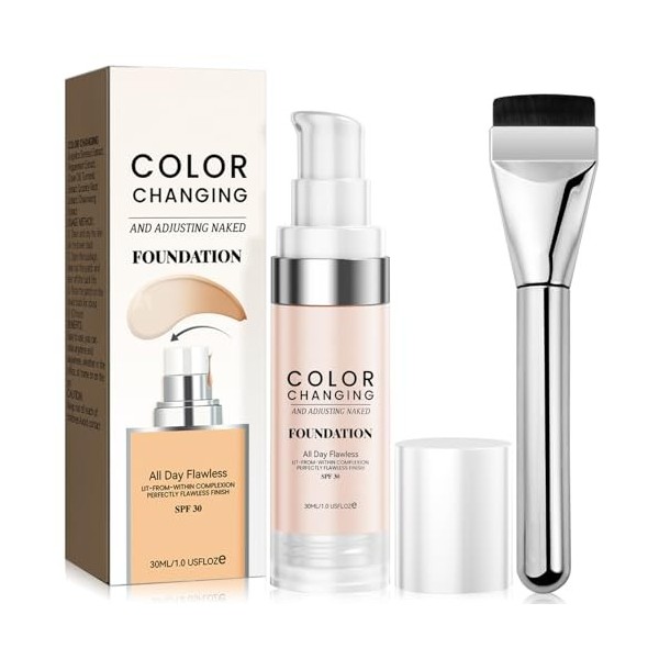 Base Maquillage Fondation Liquide, Color Changing Foundation Liquid with 1 Brushes, Color Changing Face Primer Base Makeup 30