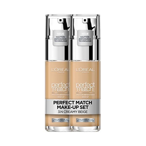 LOréal Paris Perfect Match Lot de 2 fonds de teint liquide à lacide hyaluronique et aloe vera, fond de teint Perfect Match,