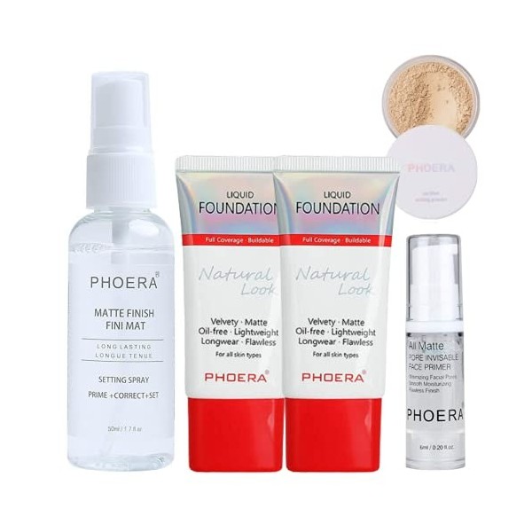 Ensemble de Maquillage Complet Phoera Foundation - Comprend Tubes de Fond de Teint Mat Nude & Buff Beige 30ml, Primer Visage 