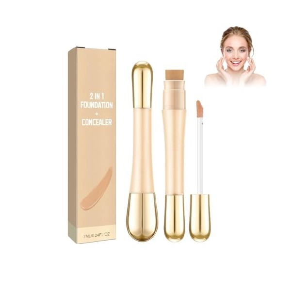 2 en 1 Fond de Teint + Correcteur Anti-Rides,2 In 1 Foundation & Concealer,Correcteur Liquide avec Pinceau,Anti-cernes Anti-p