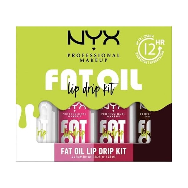 NYX Professional Makeup, Coffret de 4 Huiles à Lèvres Teintées Hydratantes, Formule Vegan, Applicateur Extra-Large, Teintes :