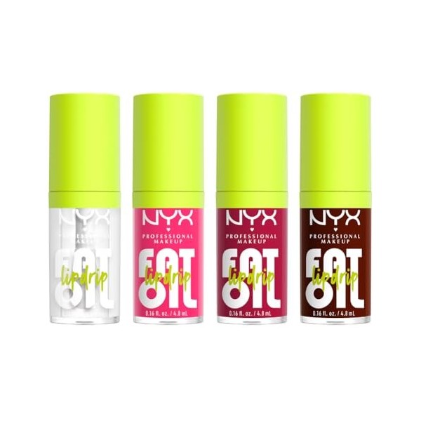 NYX Professional Makeup, Coffret de 4 Huiles à Lèvres Teintées Hydratantes, Formule Vegan, Applicateur Extra-Large, Teintes :