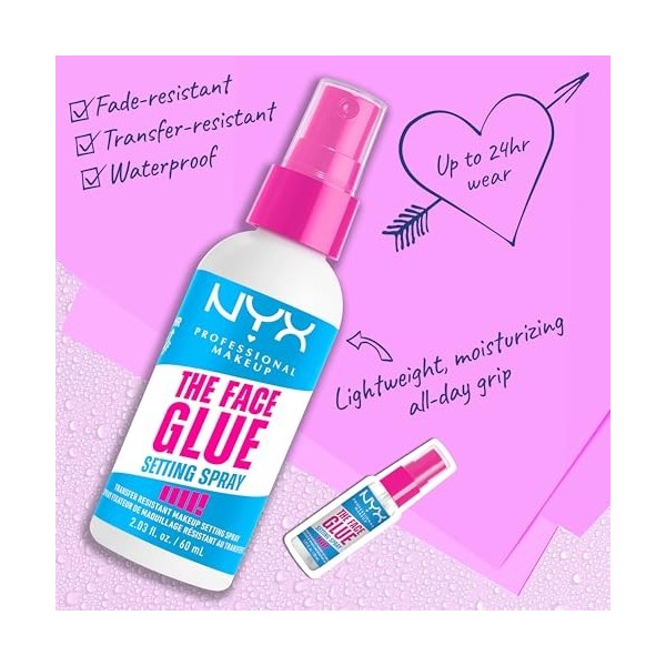 NYX Professional Makeup The Face Glue Setting Spray, Spray fixateur résistant aux transferts et waterproof, 60ml