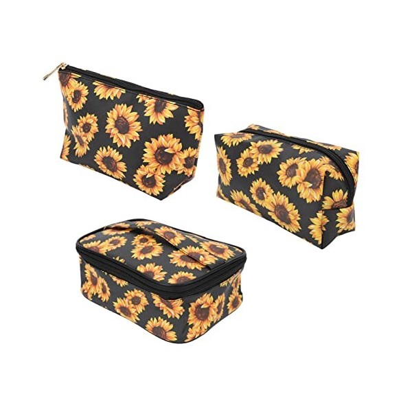 Verdant Touch Lot de 3 trousses de maquillage en forme de tournesol, trousse de toilette de voyage, étanche et portable avec 