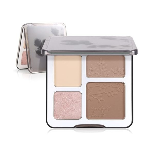 Boobeen 4 in 1 Highlighter Contour Makeup Palette, Matte Shimmer Glow Contouring Powder for Face Highlight, Shaping Contour, 