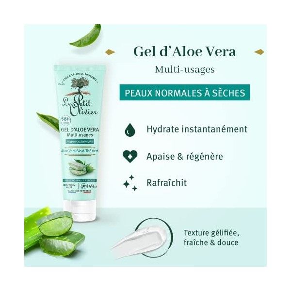 LE PETIT OLIVIER - Gel DAloe Vera - Aloe Vera Bio & Thé Vert - Visage Et Corps - Hydratant - Sans Parfum - Peaux Normales à 