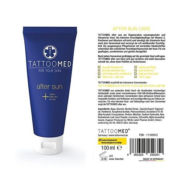 TattooMed Soin pour Peau Tatouée Crème Solaire Après-Soleil After Sun Protection des Tatouages/Couleurs de Tatouage