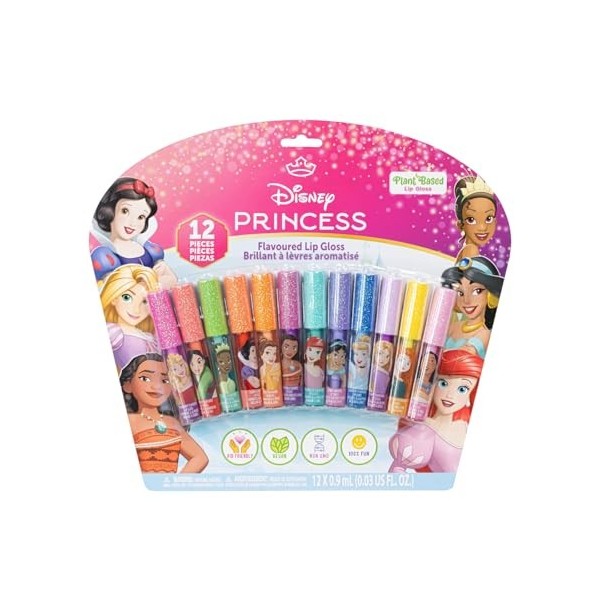 Disney Princess Brillant à lèvres à base de plantes 12 pièces, cadeaux de fête pour filles, premier ensemble de maquillage po