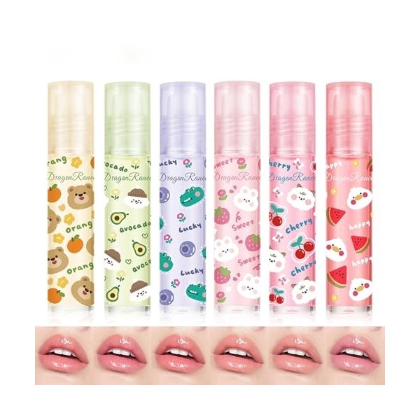 Rollerball Lip Oil Set,Huile à Lèvres Hydratante et Nourrissante,6Pcs Fruit Scents Vegan Lip Gloss Non Toxic Lip Oil