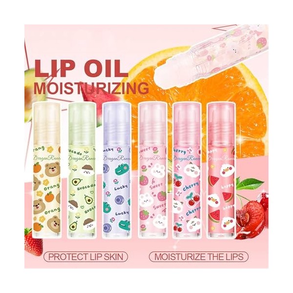 Rollerball Lip Oil Set,Huile à Lèvres Hydratante et Nourrissante,6Pcs Fruit Scents Vegan Lip Gloss Non Toxic Lip Oil