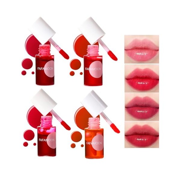 Lip Tint Stain Set, 4 Couleurs Mini Liquid Water Tint, Fruit Juice Lip Tint Set Non Sticky, Encre à Lèvres Mate, Multi-Use Li