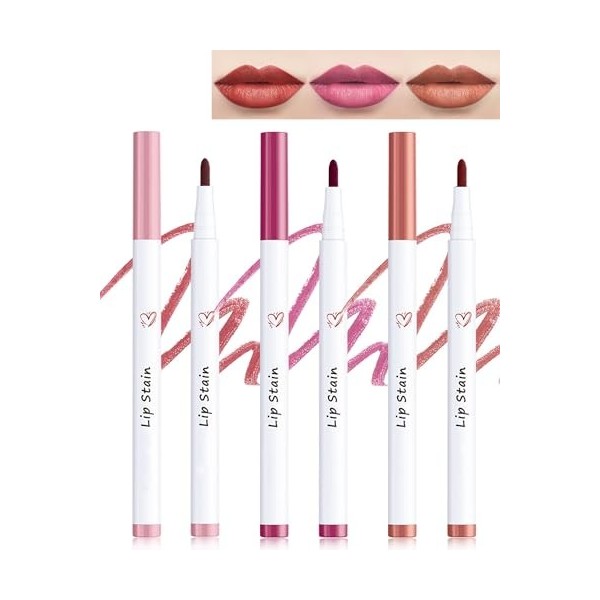 Colour Lip Marker-3 PCS Haut pigmenté Lip Tint Stain Marker Pen, Waterproof No Transfert Rouge à lèvres,Tenue Longue Durée, E