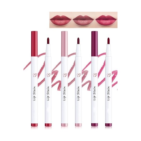 Colour Lip Marker-3 PCS Haut pigmenté Lip Tint Stain Marker Pen, Waterproof No Transfert Rouge à lèvres,Tenue Longue Durée, E