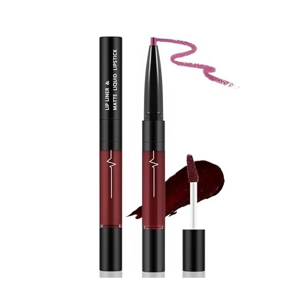 Apooliy 2 en 1 Gloss mat et Lip Liner,Rouge à lèvres résistant à leau, rouge à lèvres hautement pigmenté,Séchage rapide, rou