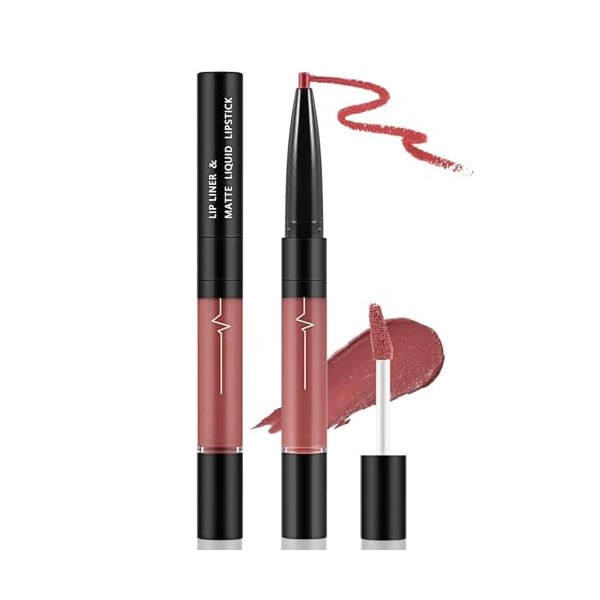 Apooliy 2 en 1 Gloss mat et Lip Liner,Rouge à lèvres résistant à leau, rouge à lèvres hautement pigmenté,Séchage rapide, rou