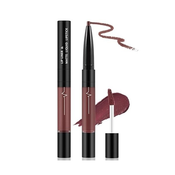 Apooliy 2 en 1 Gloss mat et Lip Liner,Rouge à lèvres résistant à leau, rouge à lèvres hautement pigmenté,Séchage rapide, rou