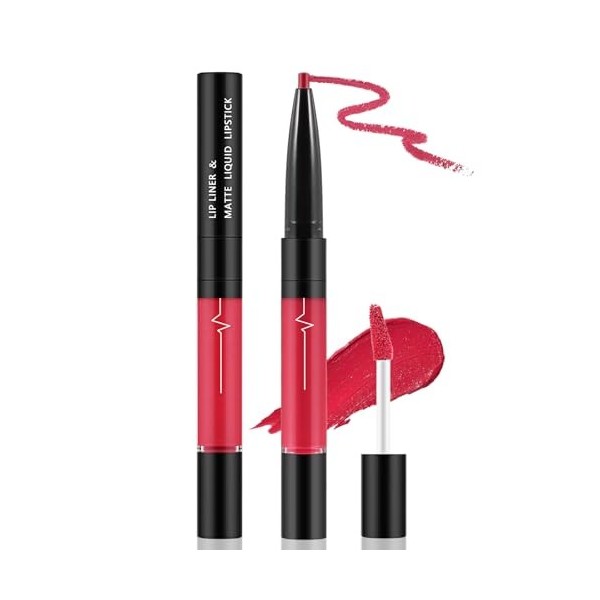 Apooliy 2 en 1 Gloss mat et Lip Liner,Rouge à lèvres résistant à leau, rouge à lèvres hautement pigmenté,Séchage rapide, rou