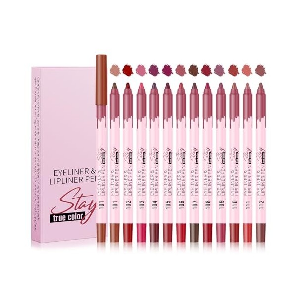 KYDA Lot de 12 crayons à lèvres en velours crème mat nude imperméable, longue durée et hautement pigmenté, pour femmes et fil