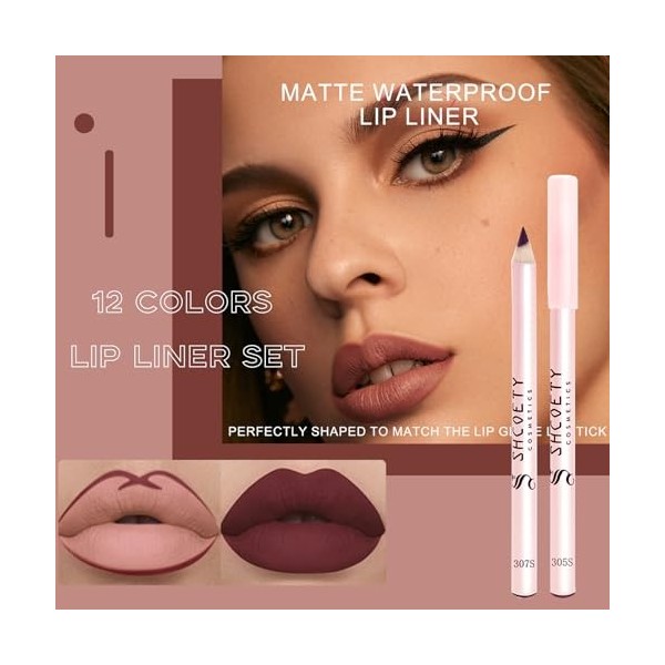 Domality Ensemble de Crayons à Lèvres Mats Colorés, 12 Crayons à Lèvres Nude Crémeux, Crayon de Maquillage à Lèvres Imperméab