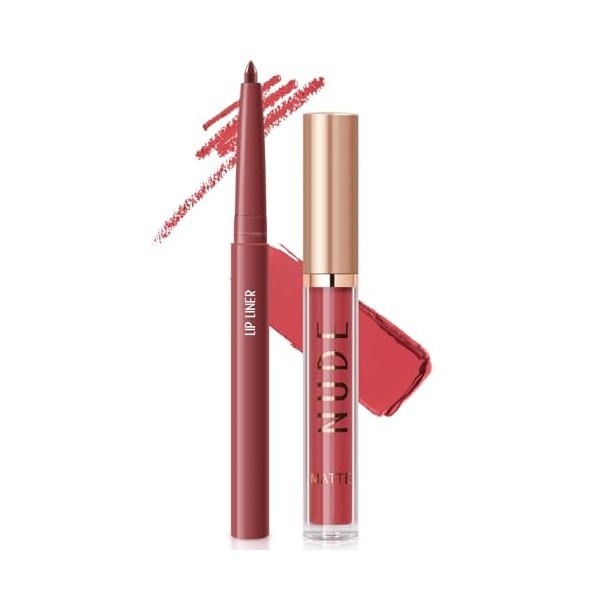 Apooliy 2Pcs Set de rouge à lèvres liquide mat et crayon à lèvres,Gloss en crème imperméable à leau，Crayon crayon à lèvres t