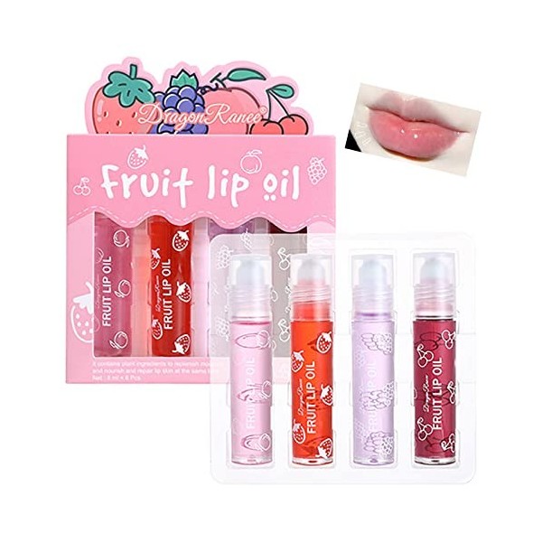 Girls Roll On Lip Gloss Set with Case, 4 Pcs Glossy Lip Make up for Kids and Teens Fruity Flavors, Kid Friendly, Party Gift, 