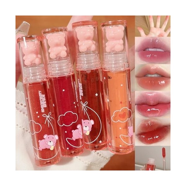 Baorder 4Pcs Ours Lip Glaçage Brillant À Lèvres Hydratant,Gelée Rouge À Lèvres Liquide Mignon Ours Lipgloss Hydratant Teintur