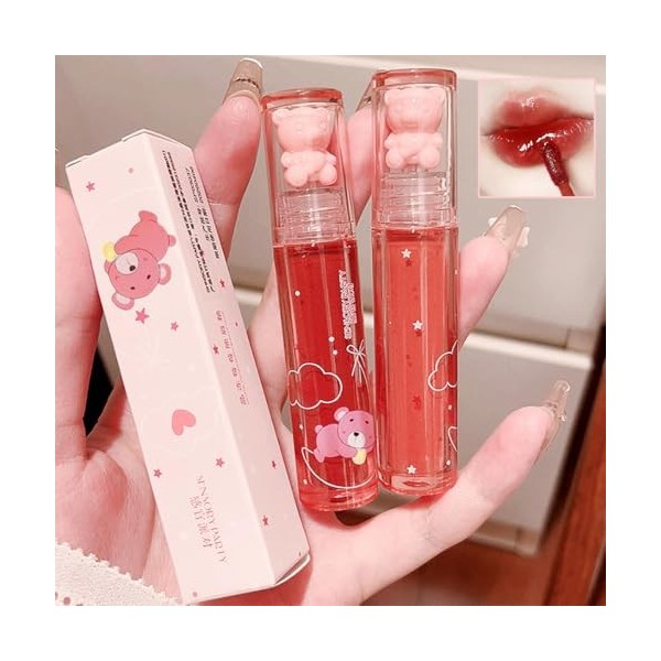 Baorder 4Pcs Ours Lip Glaçage Brillant À Lèvres Hydratant,Gelée Rouge À Lèvres Liquide Mignon Ours Lipgloss Hydratant Teintur