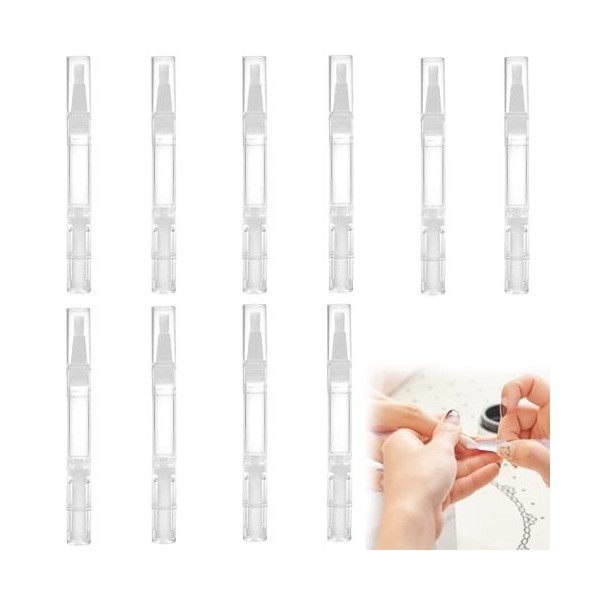 Lot de 10 stylos rotatifs transparents 5 ml - Anti-fuite et portable - Stylo à huile pour cuticules vides - Avec pointe pin